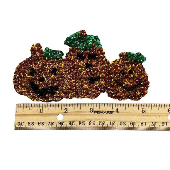 4 Vtg Homemade Halloween Frig Magnets Witches Pumpkins EUC Sequins Beads - Picture 6 of 14